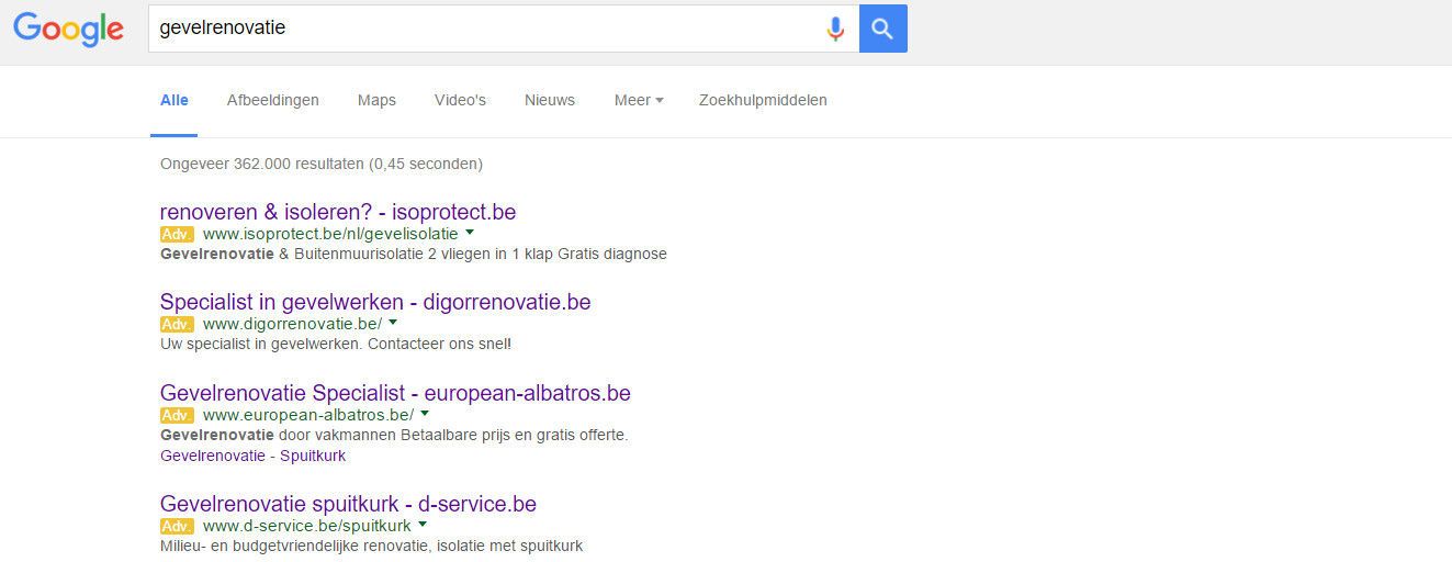 Google Adwords top 4, geen advertenties meer aan de rechterzijde